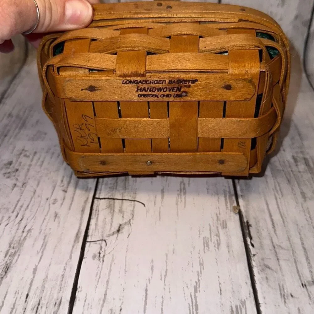 1999 Longaberger Handwoven‎ Single Handle 6”Basket Green Liner Protector Garter